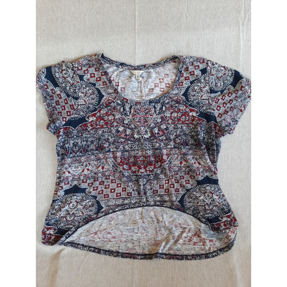 Lucky Brand Women's 1X Bohemian Floral Top Blouse Short Sleeve Curve Hem Cotton